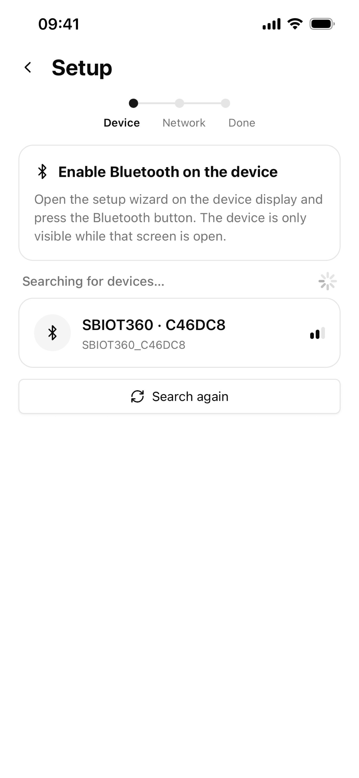 switchButler IoT Setup screen searching for a nearby SBIOT360 or SBIOT240 over Bluetooth