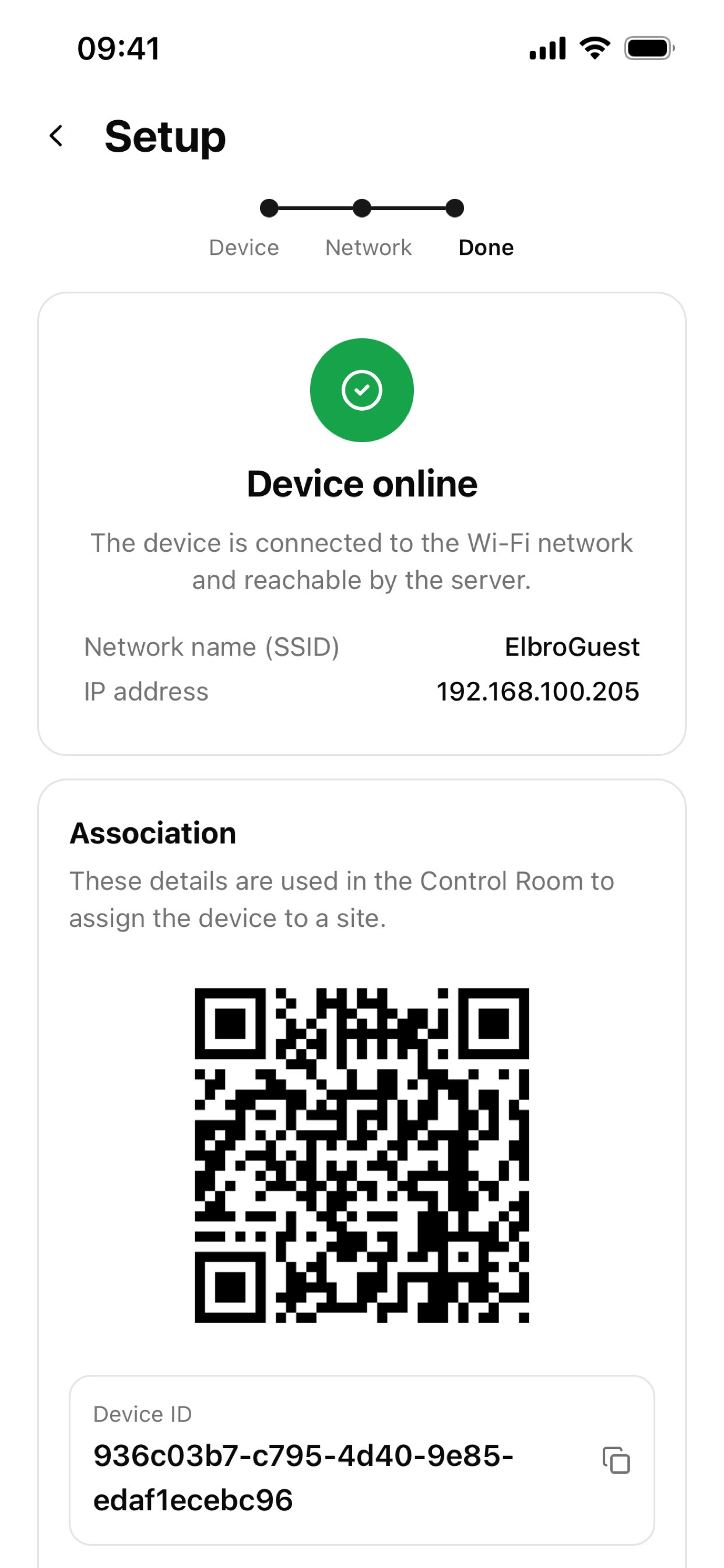 switchButler IoT Setup confirmation screen with the device online and association data