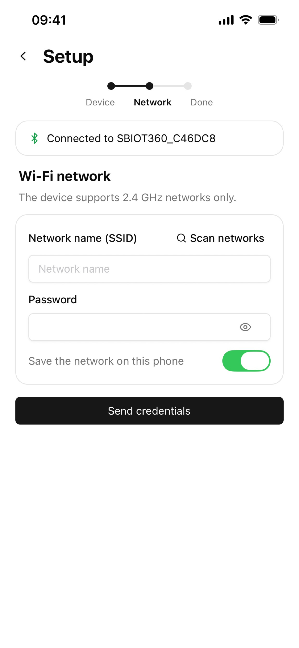 switchButler IoT Setup screen for entering the Wi-Fi network and password
