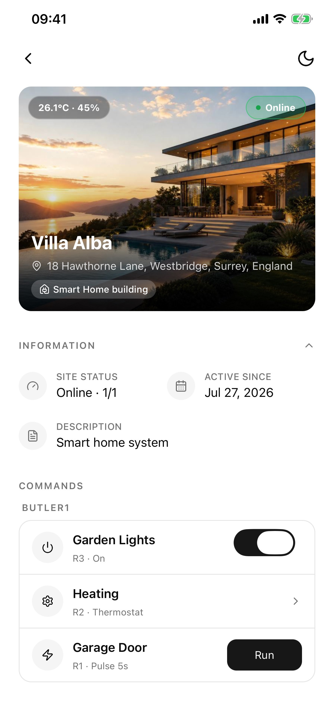 switchButler IoT private property screen with available controls
