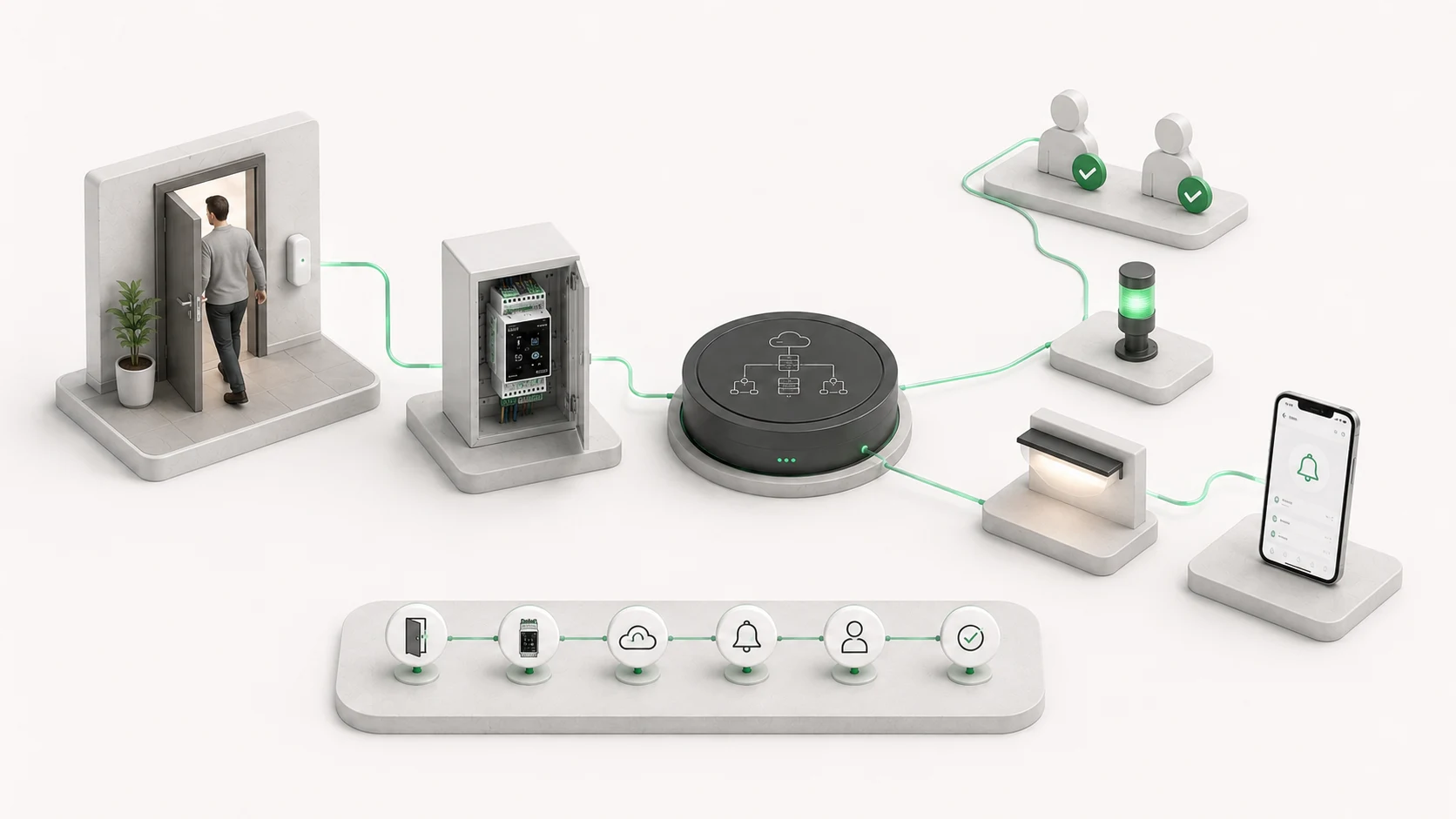 Illustrative example of access supervision with a position contact, an SBIOT controller and authorised users.