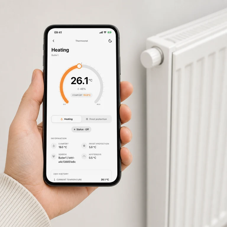 A customer uses the real thermostat screen in the switchButler IoT App beside a radiator.