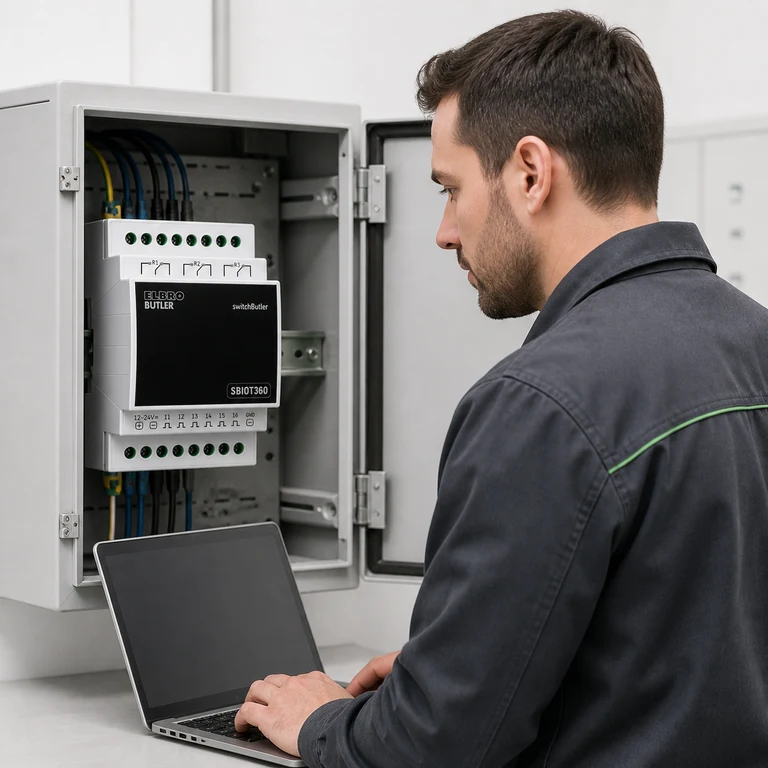 An electrical professional works beside an SBIOT360 installed in an electrical cabinet.