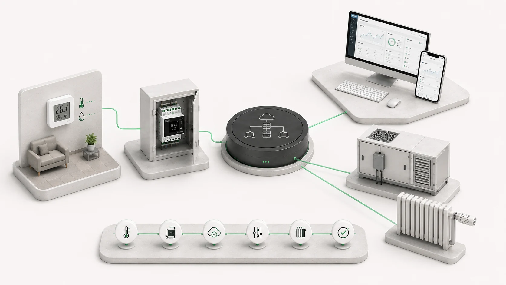 Illustrative example of climate supervision with BTH1 measurements on SBIOT360 and configured heating equipment.