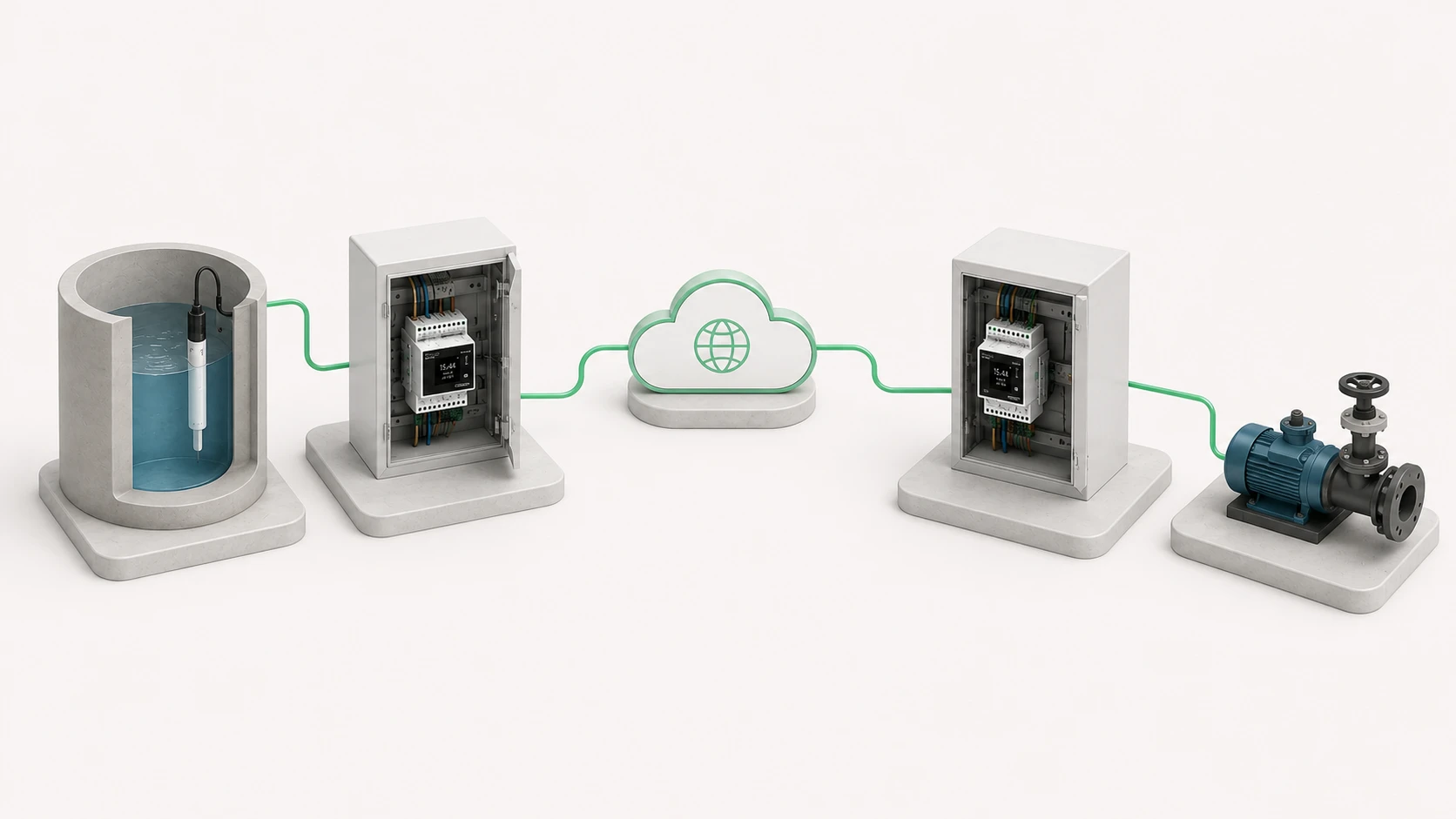 Illustration of a level sensor connected to one SBIOT that controls a pump connected to a second SBIOT at another location over the Internet.