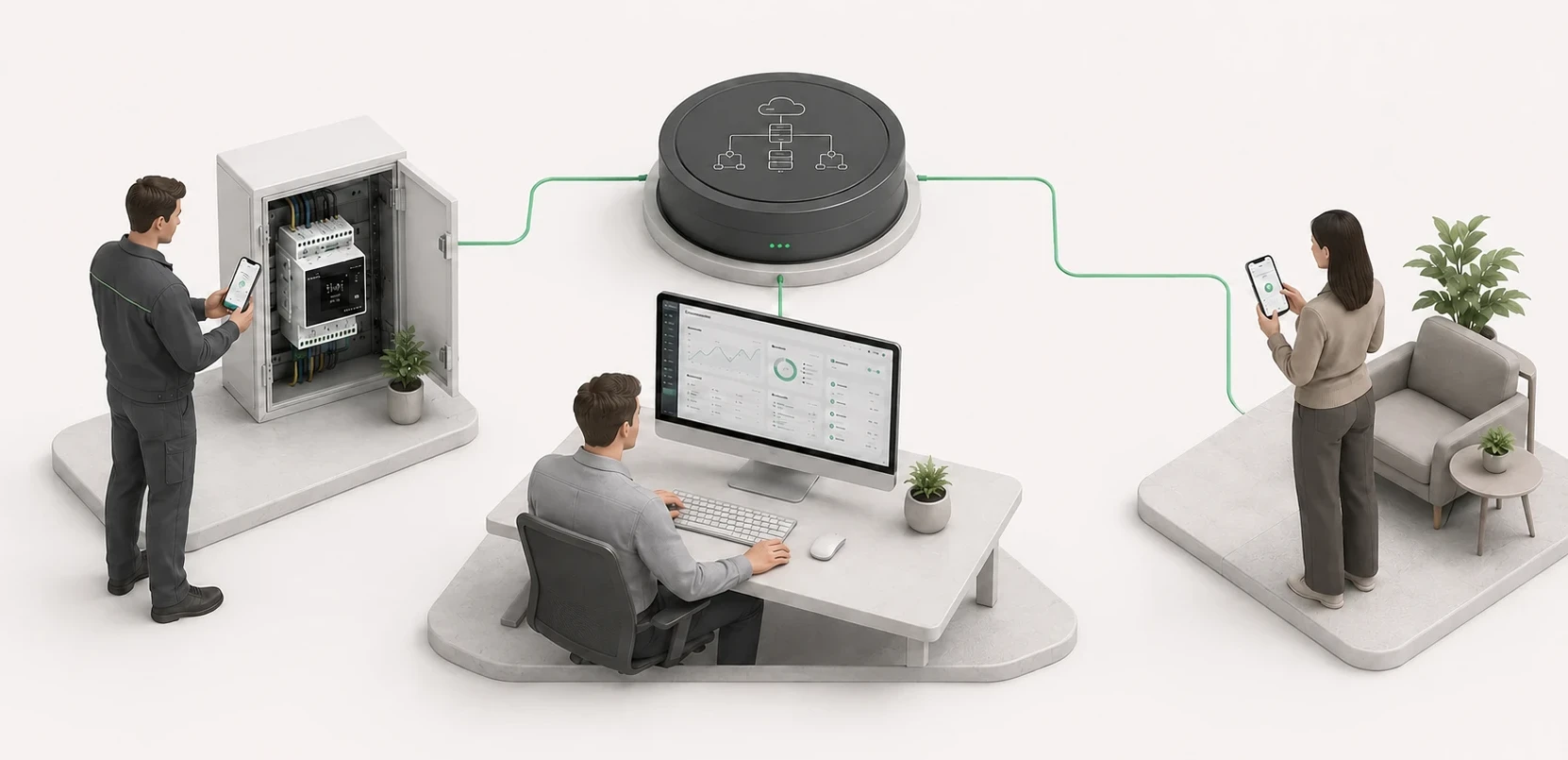 Installer, professional platform user and App customer using switchButler according to their distinct roles.