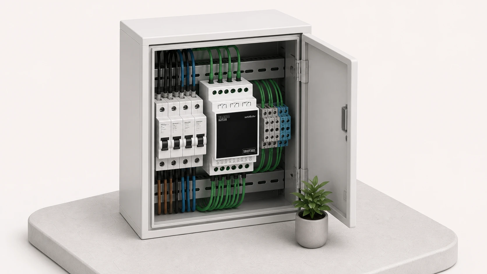 An SBIOT controller installed on a DIN rail inside an electrical cabinet.