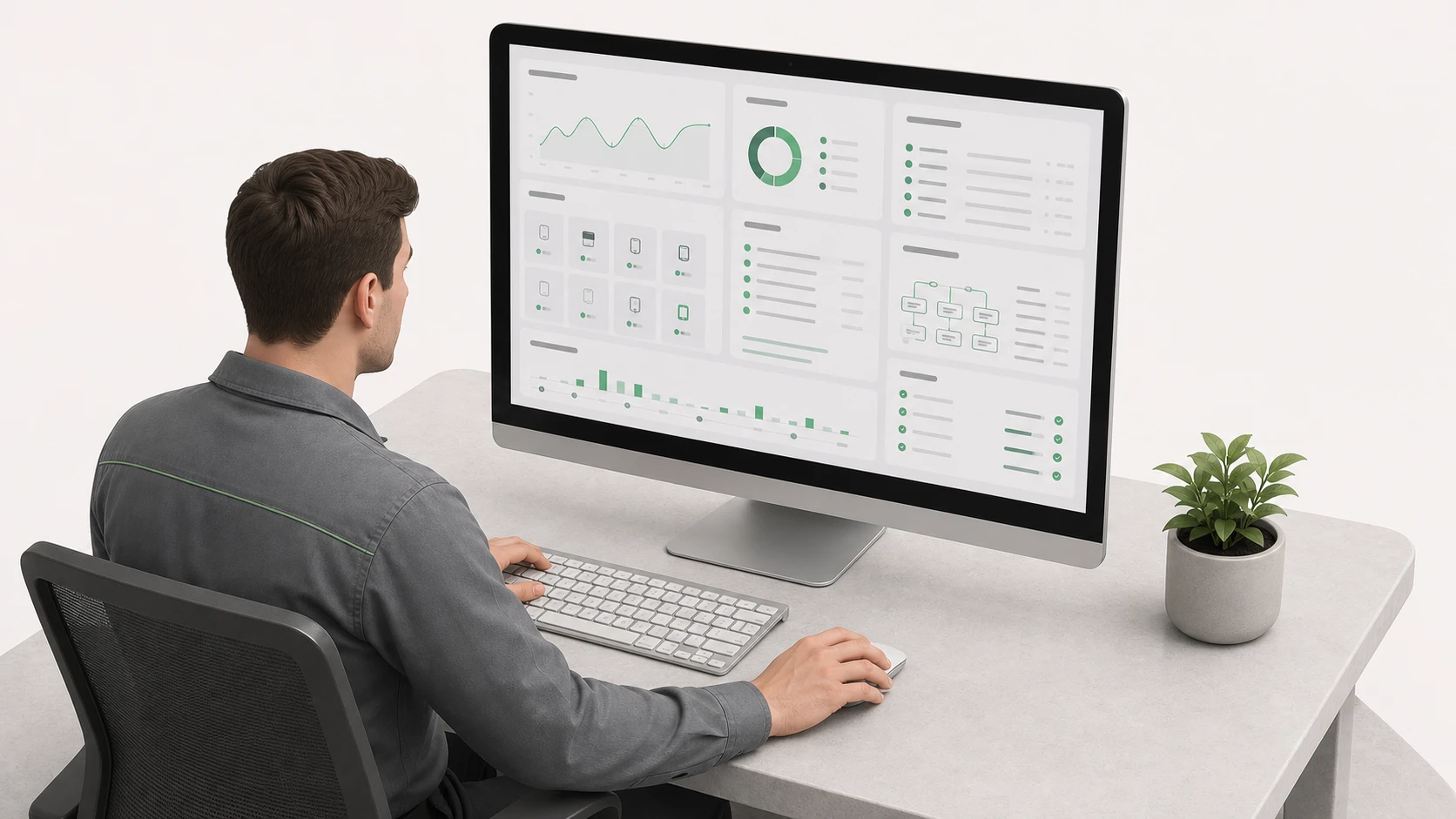 A professional managing multiple installations on the switchButler IoT platform from a computer.