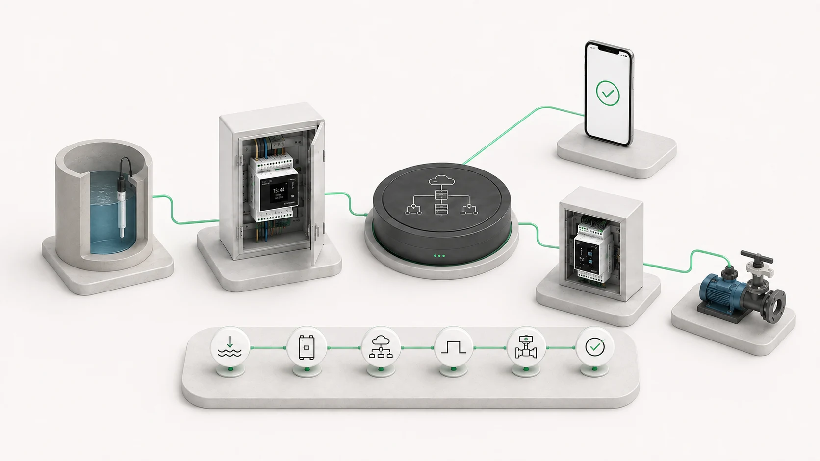 Illustrative example of water-level supervision with SBIOT controllers, a level sensor and a pump.